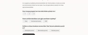[IMAGE] Three multiple choice questions in Norwegian and a submit button