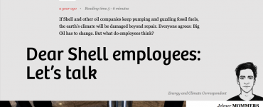 [IMAGE] The headline on a De Correspondent story. The headline reads 'Dear Shell Employees: Let's Talk' and next to it is a black and white illustration of the journalist who presents as a young white man with dark hair
