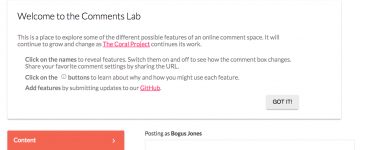 [image] A screengrab of The Coral Comments Lab. The text at the top reads Coral Comments Lab, and there are instructions and a row of buttons displayed on the side.