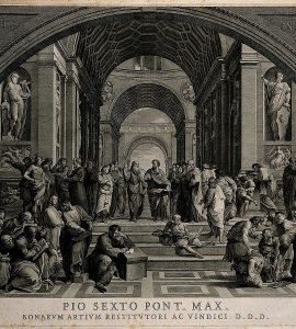[IMAGE} A printing of a Renaissance engraving of the School of Athens. A group of men stand ,sit and lounge in a large room in Classical Greek dress.