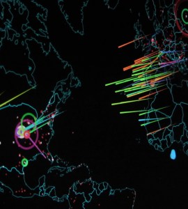 [IMAGE] An outlined map of the world on a dark background. Lines suggesting launches of something are shooting from various countries, with others marked like targets with concentric circles.