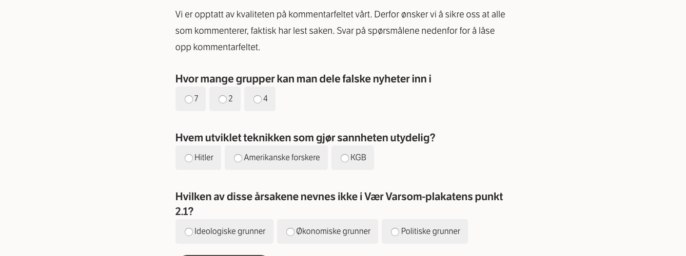 [IMAGE] Three multiple choice questions in Norwegian and a submit button