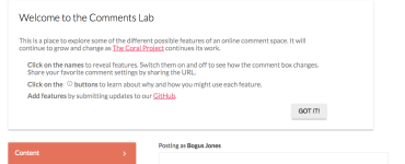 [image] A screengrab of The Coral Comments Lab. The text at the top reads Coral Comments Lab, and there are instructions and a row of buttons displayed on the side.