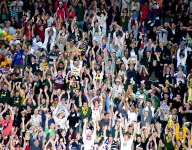 [IMAGE] A crowd of people at a sports game with their arms raised above their heads, doing the wave